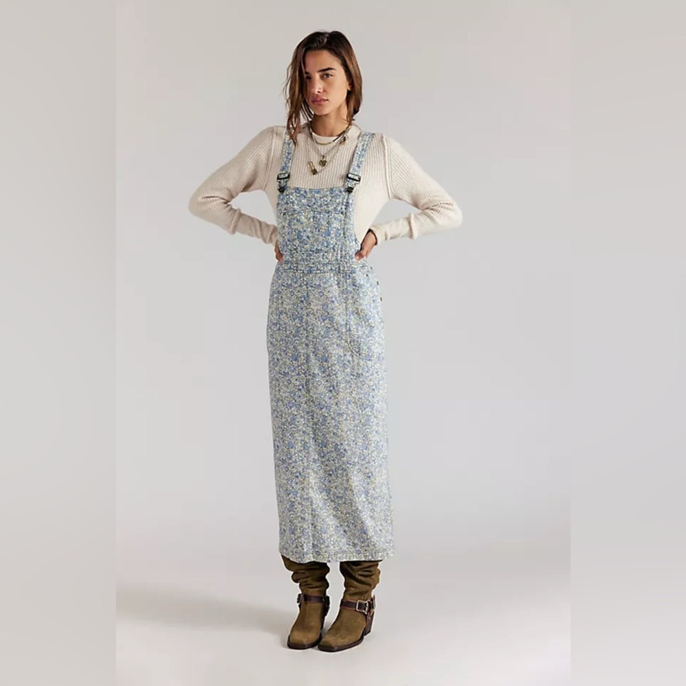 Free People Blue and White Floral Pinafore Midi Dress